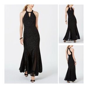NIGHTWAY Long Glitter-Knit Teardrop Gown - Black/Silver
